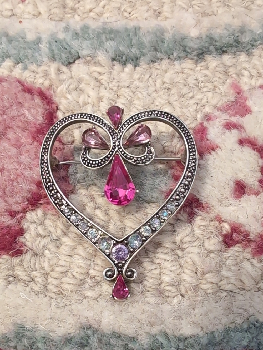 Silver-Tone Heart Brooch with Pink Crystal Accents